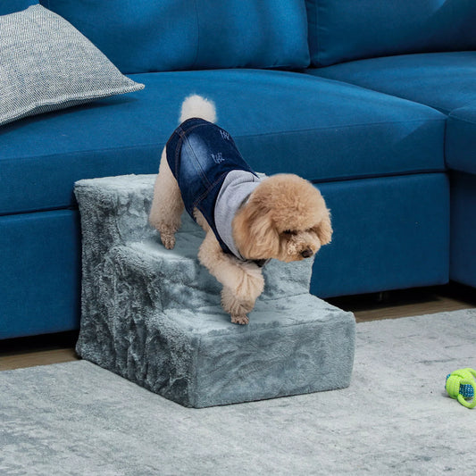 Salokāmas mājdzīvnieku kāpnes, 3 pakāpieni, ar mazgājamu plīša pārvalku, skaidu plāksne, 46 x 35 x 35 cm, gaiši pelēkas