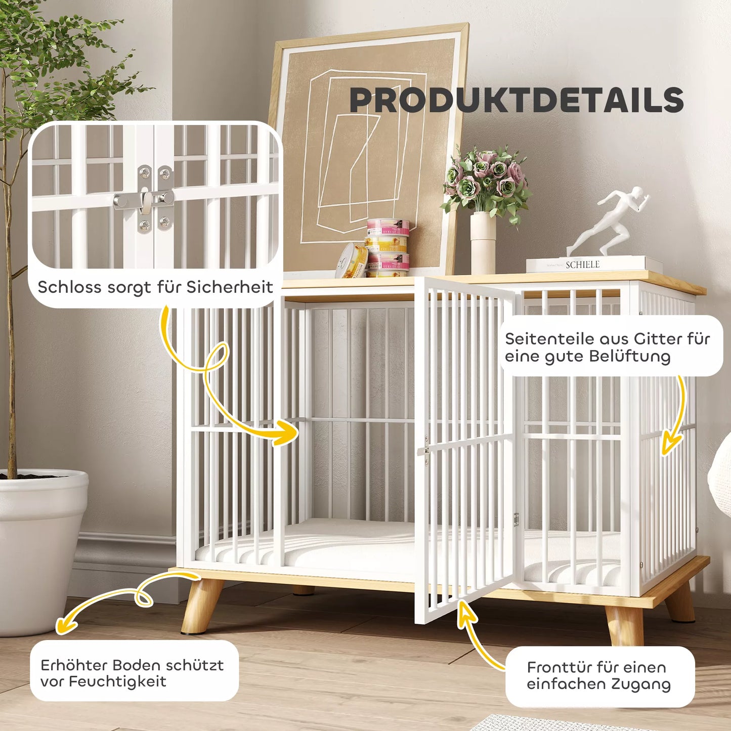 Suņu būris ar aizslēdzamām durvīm, noņemamu spilvenu, labu ventilāciju, tērauda, ​​86x60x70 cm, balts+pelēks