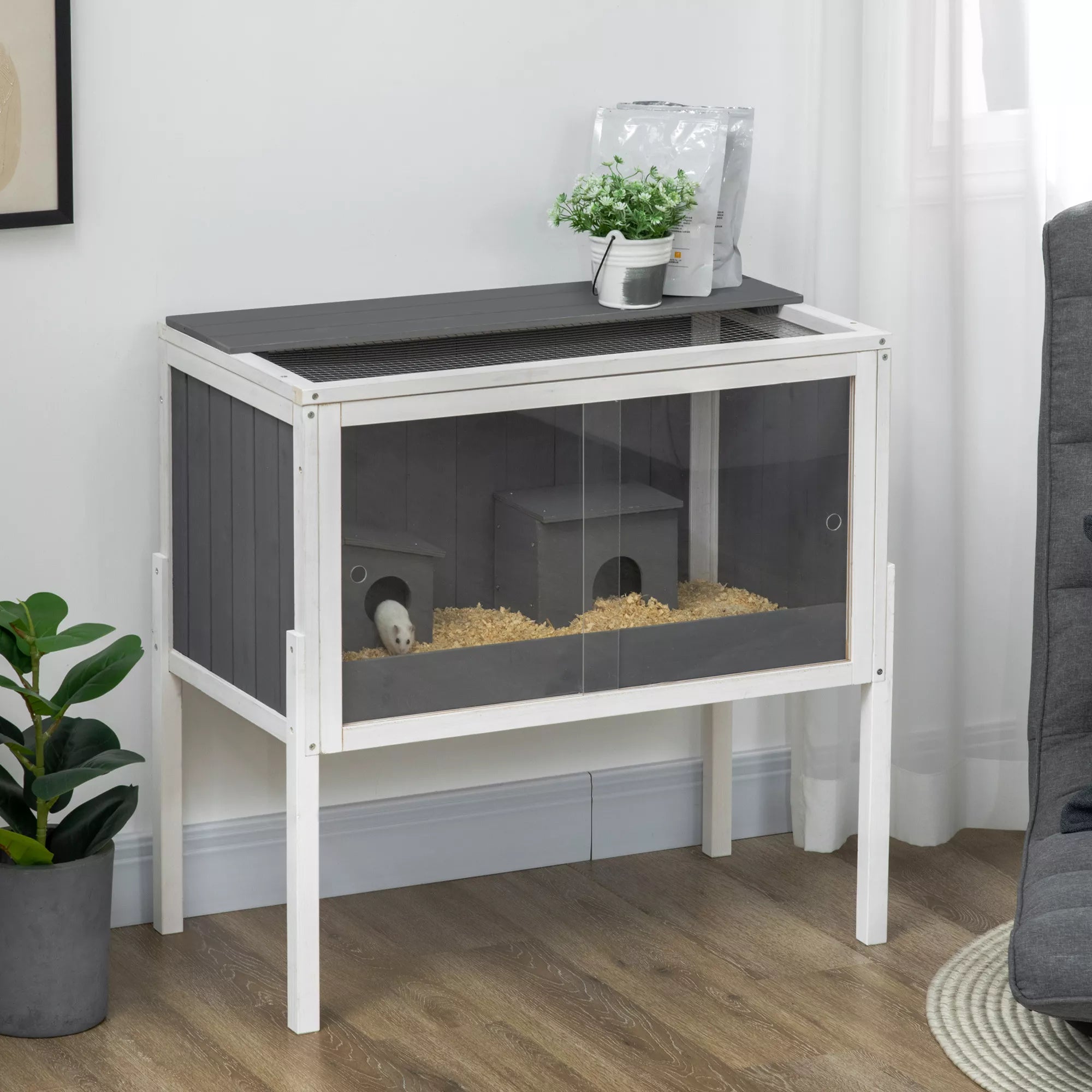 Hamsterio narvas, 3000 cm² nykštukinių žiurkėnų narvas iš medžio ir metalo, su 2 nameliais, akrilo stumdomomis durimis, stabilus, saugus, Pilka+Balta