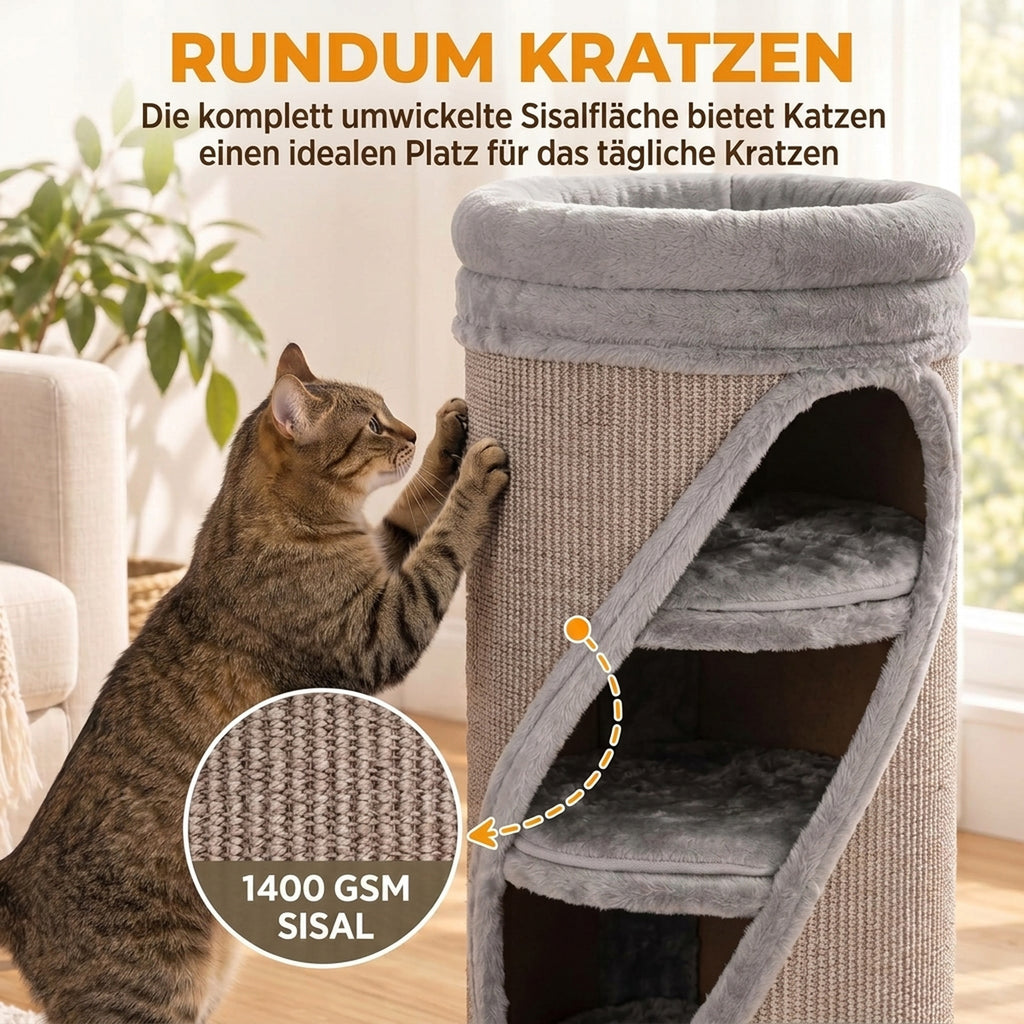 Draskyklė-bokštas 75 cm, Ø35 cm, su 3 nameliais, skalbiamu guoliu ir sizalio danga, 1–2 katėms iki 6 kg, pilka