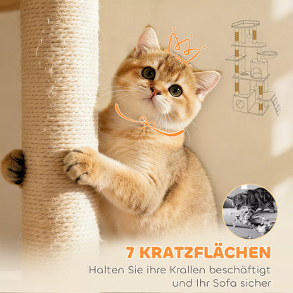 Cat scratching post, 170 cm, with tunnel, niches, large base, sisal posts, light gray