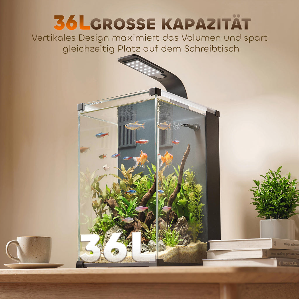 Akvariumo komplektas 36 l su LED apšvietimu, filtru ir pompa, 30x30x45,5 cm, juodas