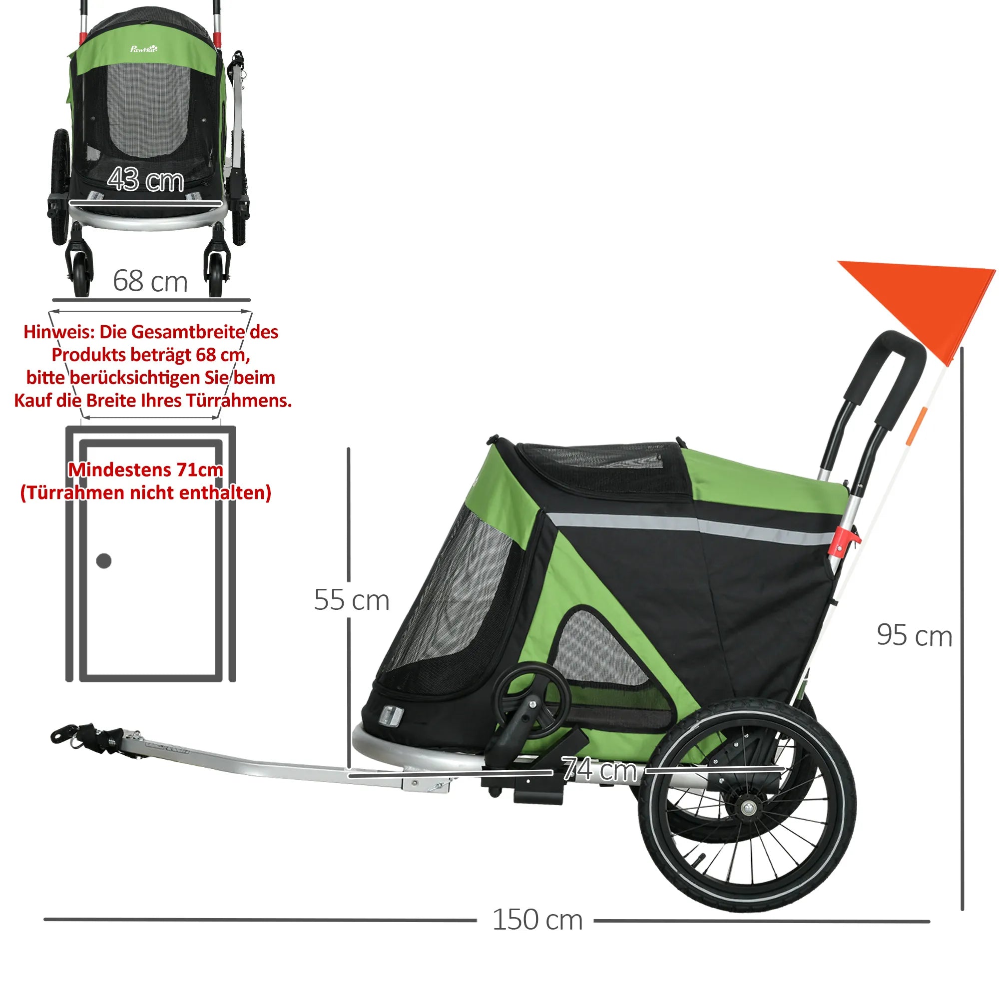 2-in-1 šunų vežimėlis Šunų bėgimo vežimėlis Dviračių priekaba iki 20 kg 2 atšvaitai 1 saugos virvė 150 x 68 x 95 cm Žalia