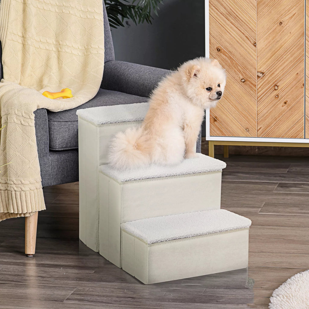 Suņu pakāpieni 3 pakāpieni 48 cm augsti, salokāmi mājdzīvnieku pakāpieni maziem un veciem dzīvniekiem, kaķu un suņu rampa, iekāpšanas palīglīdzeklis gultai, dīvānam, matracim un automašīnai, balti