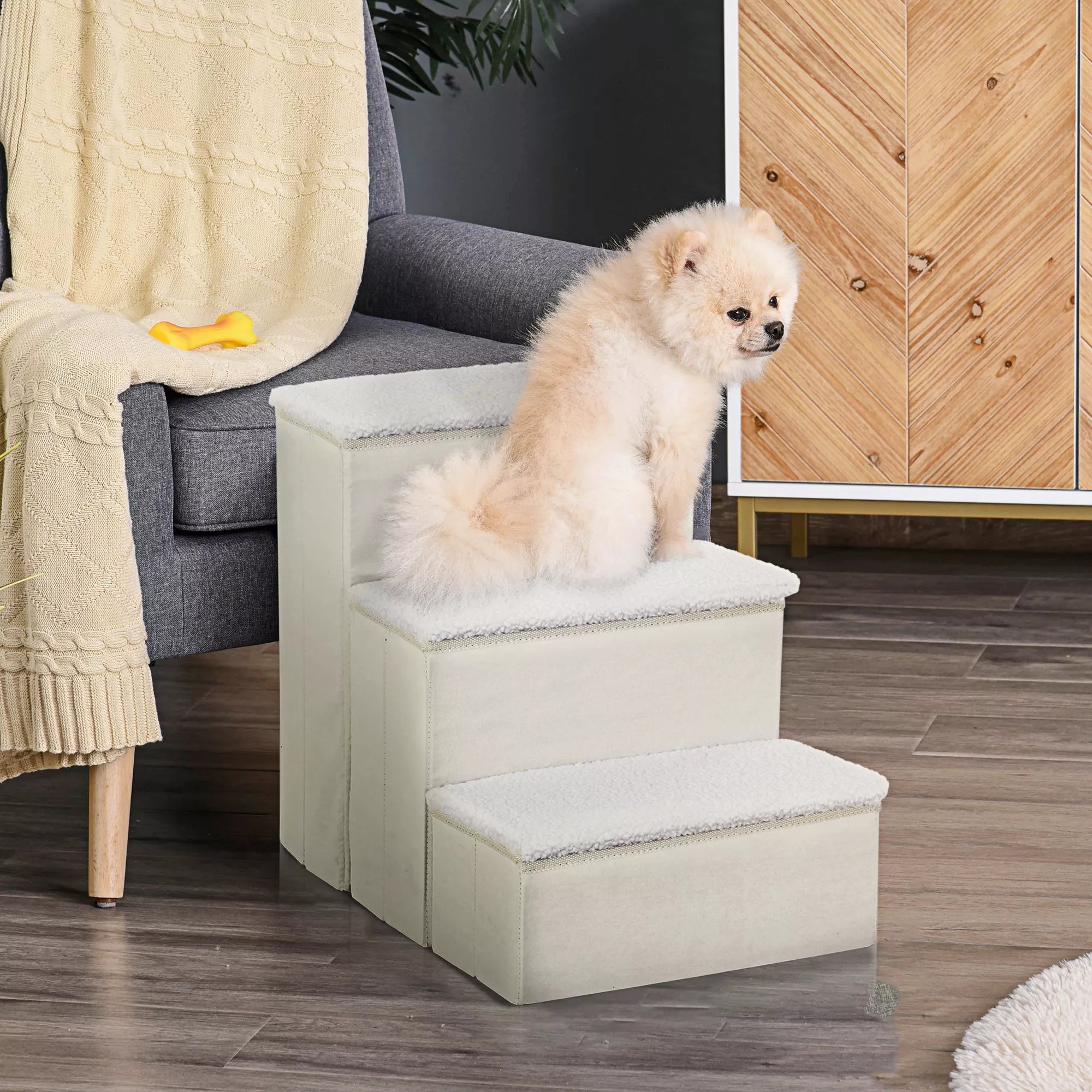 Suņu pakāpieni 3 pakāpieni 48 cm augsti, salokāmi mājdzīvnieku pakāpieni maziem un veciem dzīvniekiem, kaķu un suņu rampa, iekāpšanas palīglīdzeklis gultai, dīvānam, matracim un automašīnai, balti