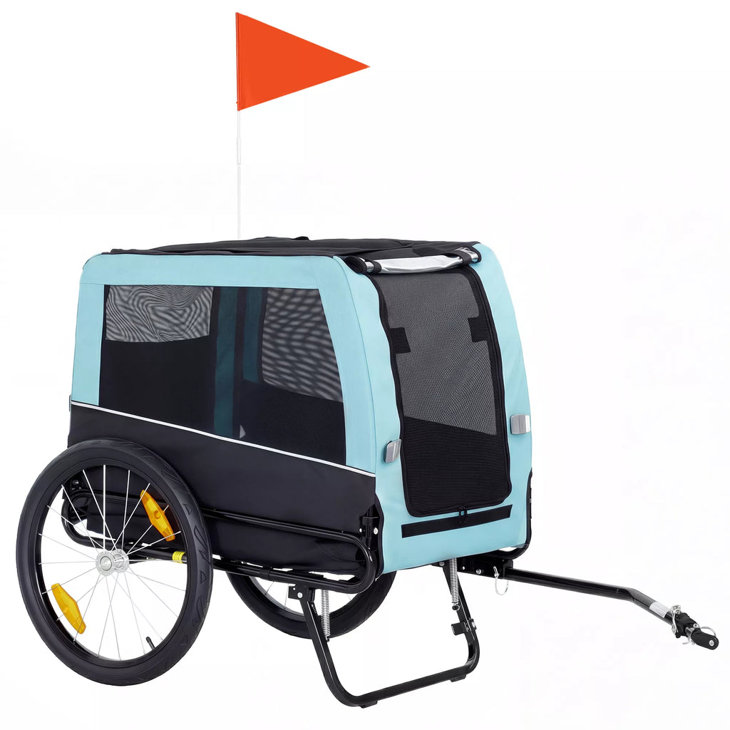 Salokāma velosipēda piekabe ar drošības atstarotājiem un pavadu, vidēja izmēra suņiem līdz 20 kg, 143 x 70 x 90 cm, gaiši zila