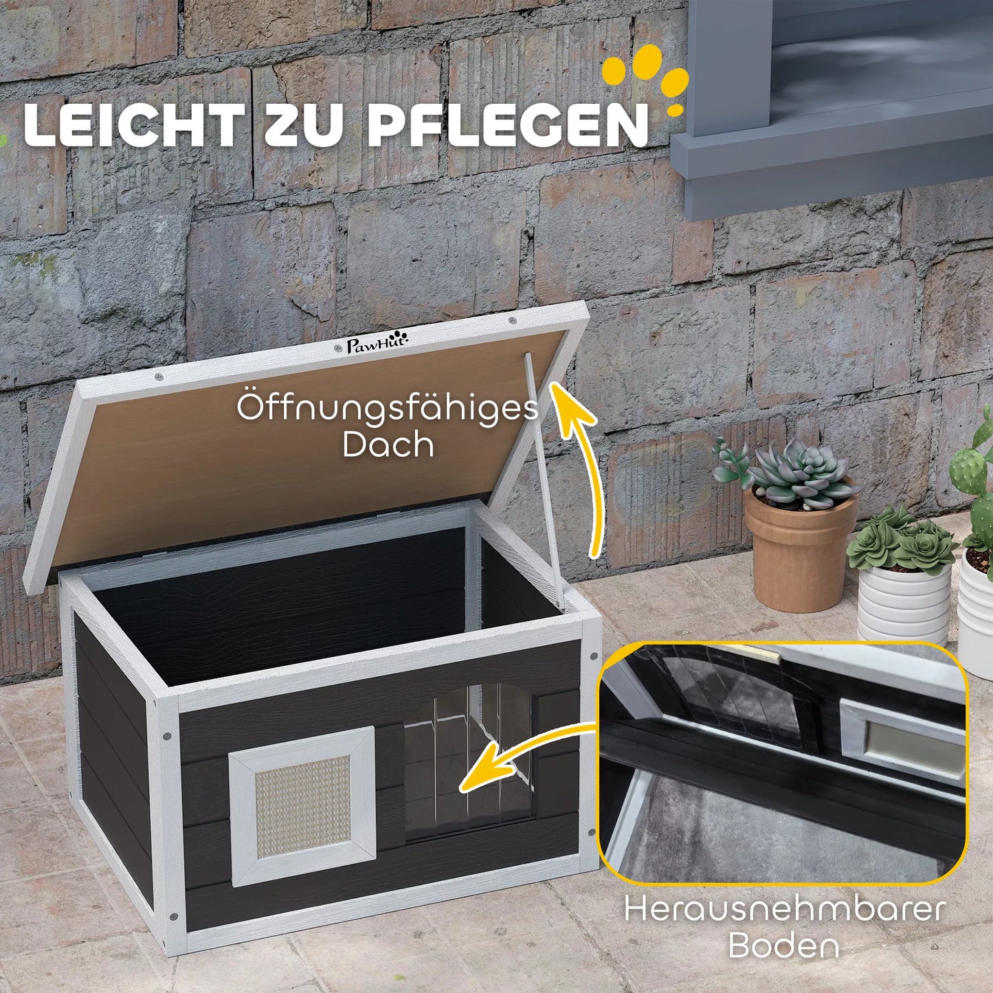 Kaķu māja, slēptuve kaķiem un trušiem, koka māja ar skrāpējamo stabu, durvis, 61 x 45 x 36,5 cm, pelēka