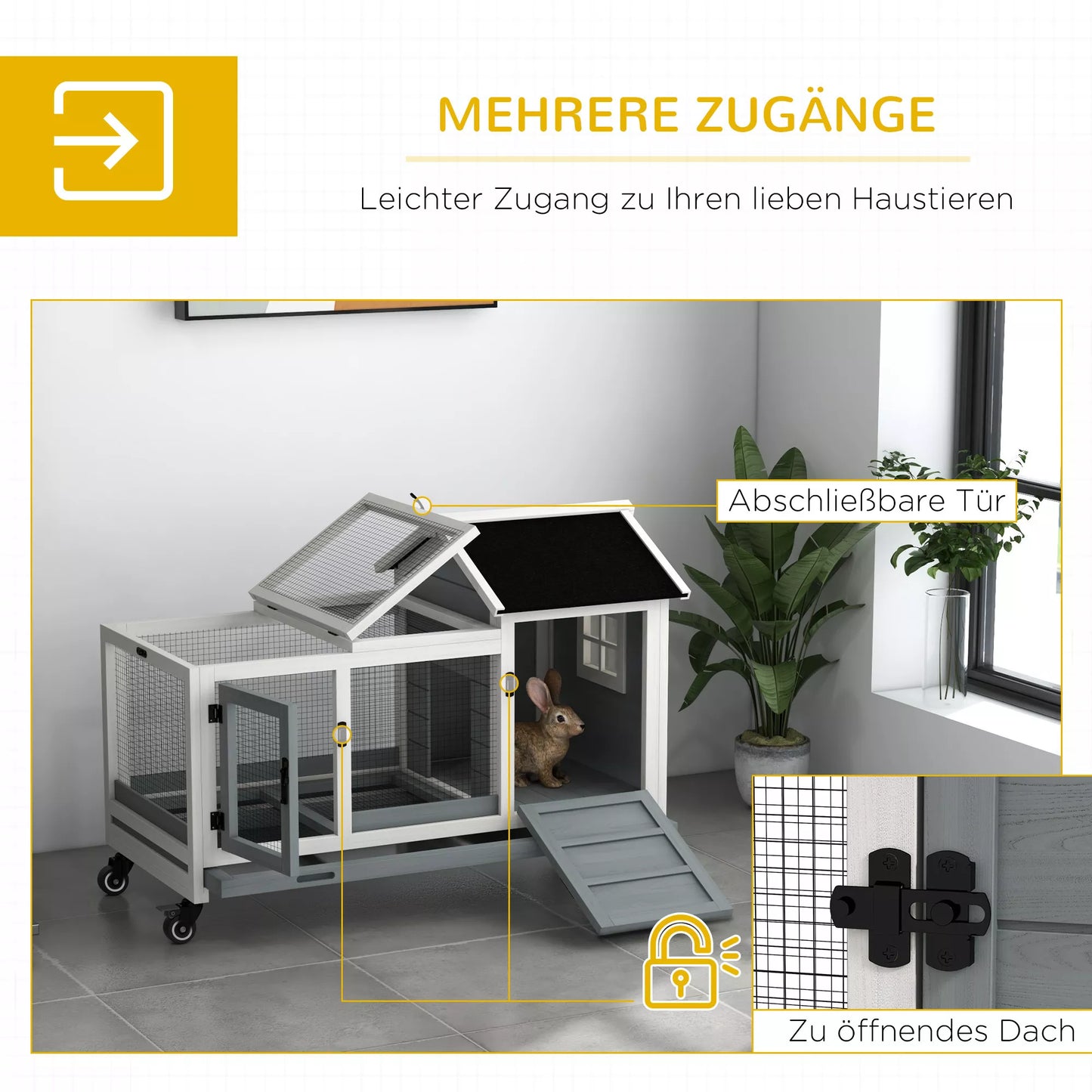 PawHut smulkių gyvūnėlių narvas triušiams nykštukams, jūrų kiaulytėms, su ratukais, 108 x 58 x 73,5 cm, pilkos spalvos