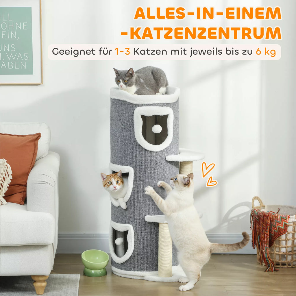 101 cm kaķu tornis, 3 līmeņi, 3 guļamvietas, rotaļu bumbiņas, skrāpējamais stabs, sizala materiāls, skaidu plāksne, pelēks