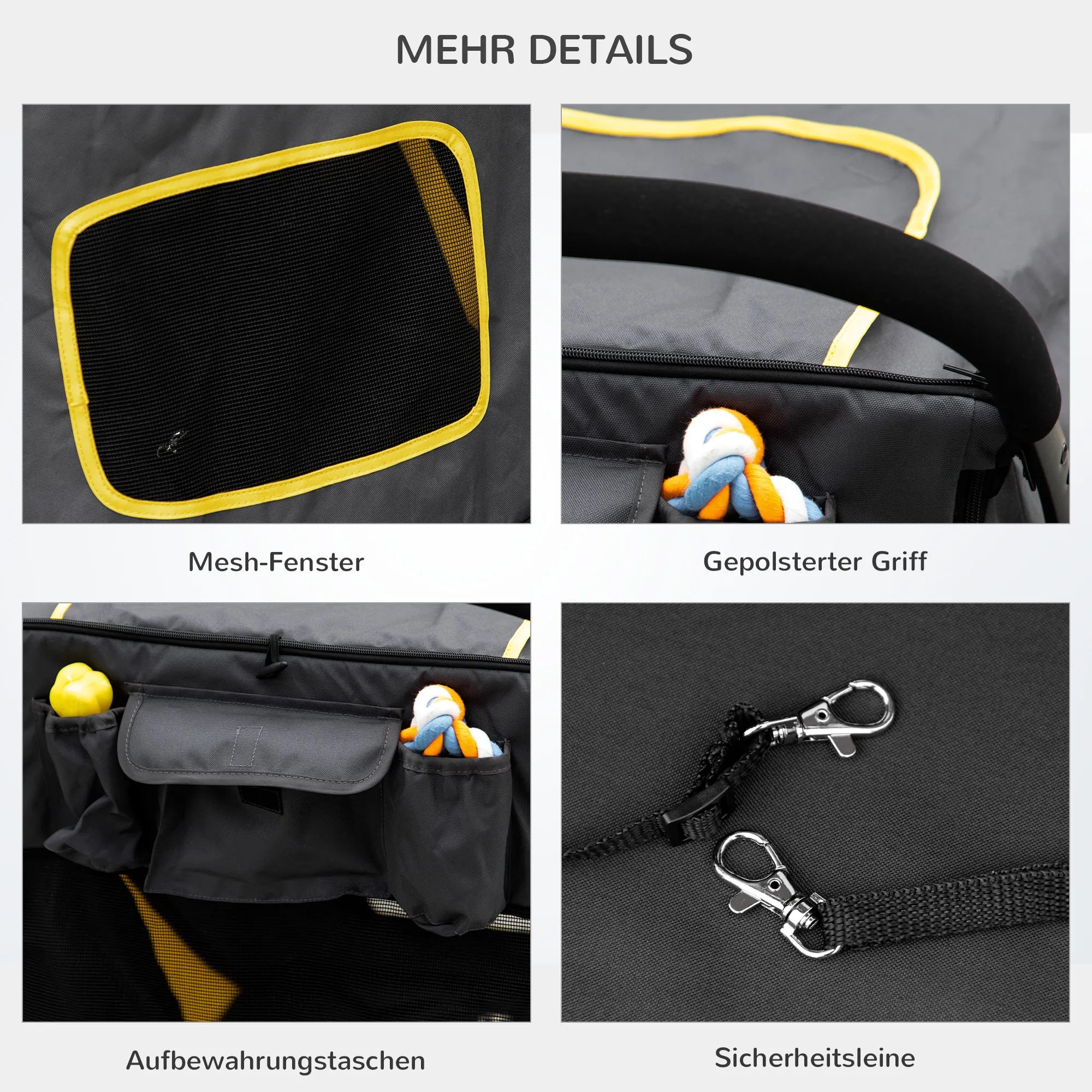 Suņu ratiņi līdz 30 kg, salokāmi, "One click" sistēma, 2 drošības pavadas, kabatas uzglabāšanai, polsterēts rokturis, tumši pelēki.