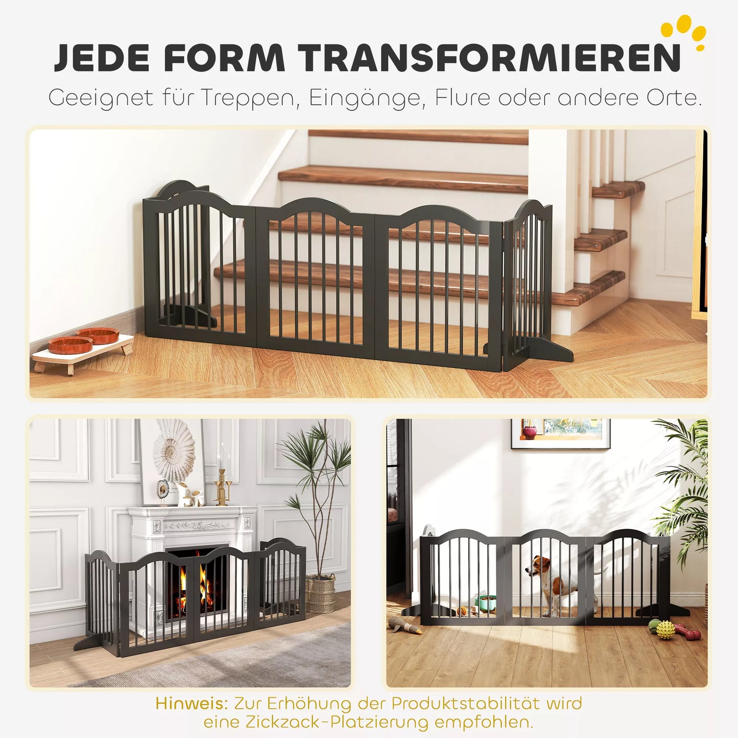 Suņu žogs, brīvi stāvošs drošības tīkls ar kājām, salokāms, 5 paneļi, 261,5 x 29,5 x 61 cm, melns