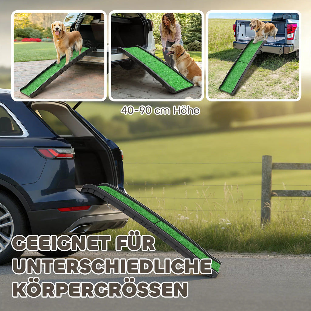 Kokkuvolditav libisemiskindel koerte kaldtee auto pakiruumi, loomadele kuni 90 kg, 155 x 38,5 x 15,5 cm, must