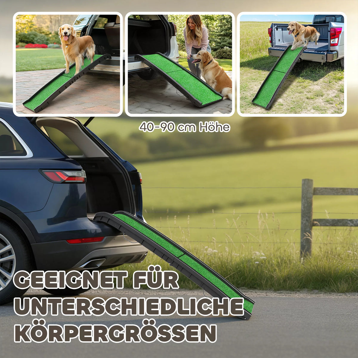 Kokkuvolditav libisemiskindel koerte kaldtee auto pakiruumi, loomadele kuni 90 kg, 155 x 38,5 x 15,5 cm, must