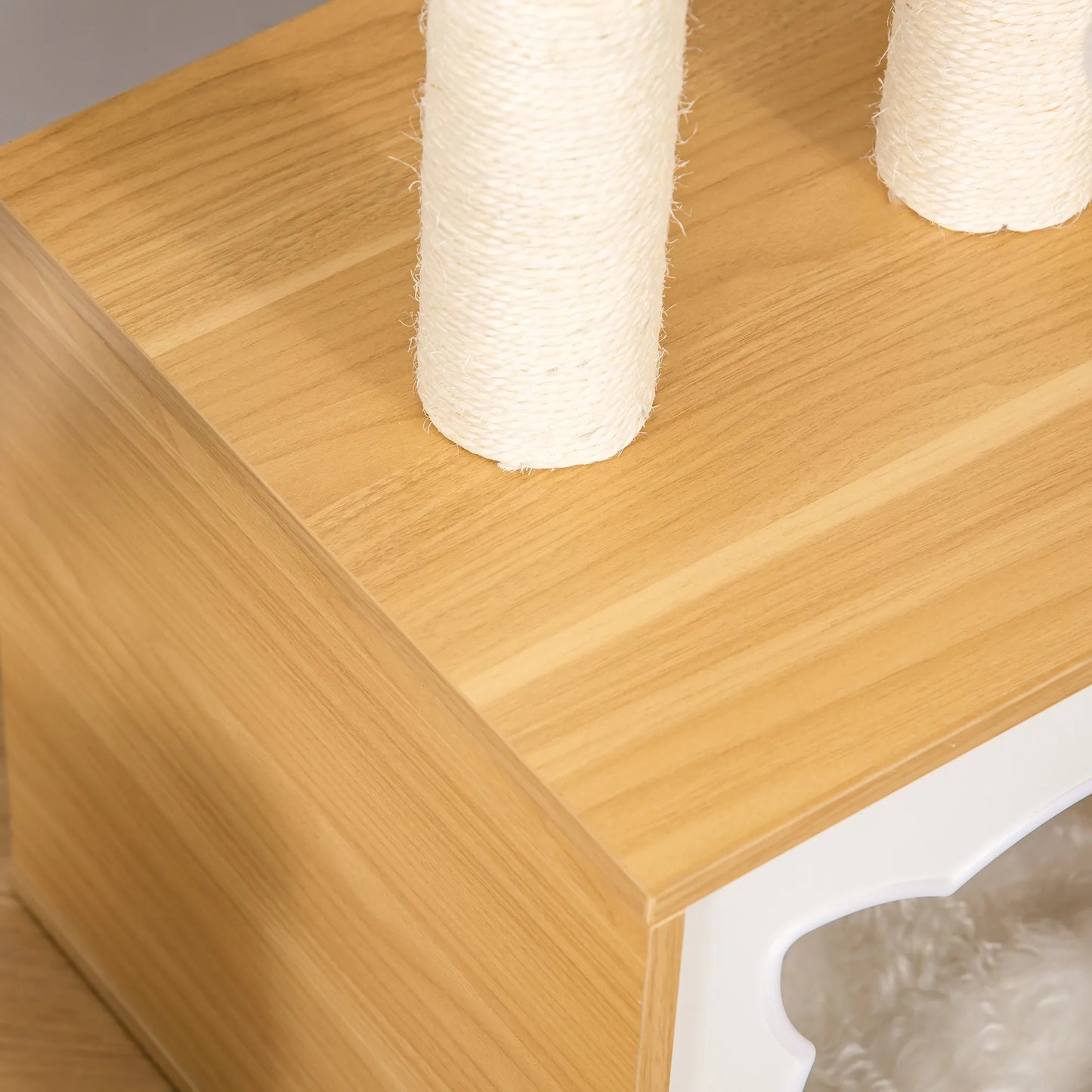 Pawhut kaķu gulta ar 2 mīkstiem spilveniem, kaķu koks ar kaķu gultu, bumbiņu rotaļlieta, kaķu māja, dabīgs sizala audums 35 x 35 x 81 cm