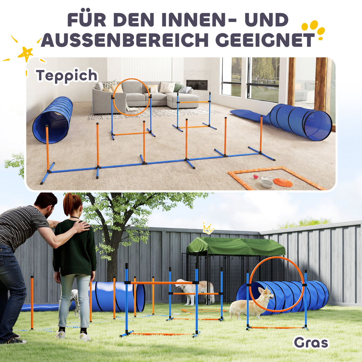 Agility rinkinys šunims, 11 dalių, su 2 tuneliais, šuolių lanku, barjerais ir slalomo stulpais, oranžinis