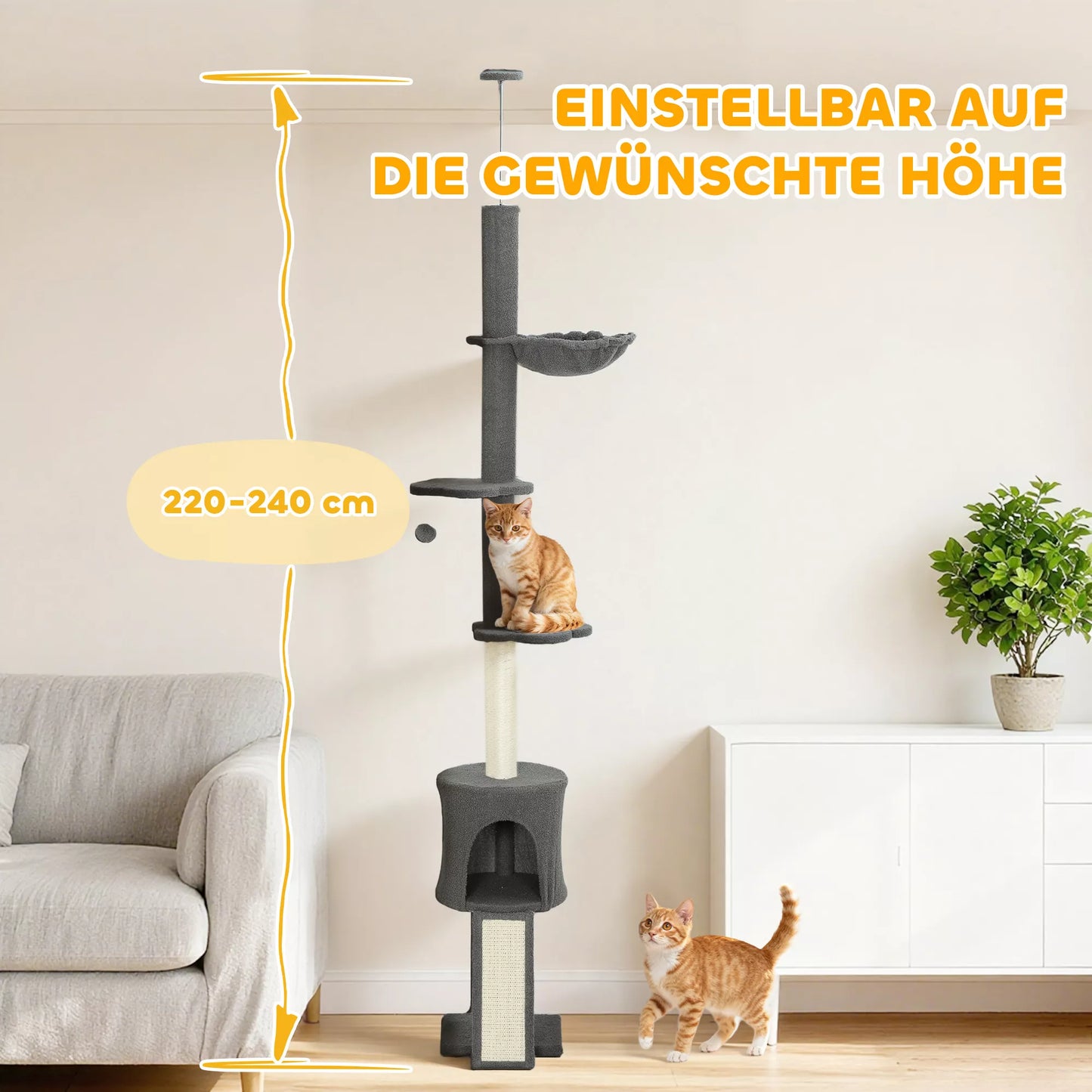 Cat tree, cave, hammock, adjustable height, scratching post with fabric cover, gray