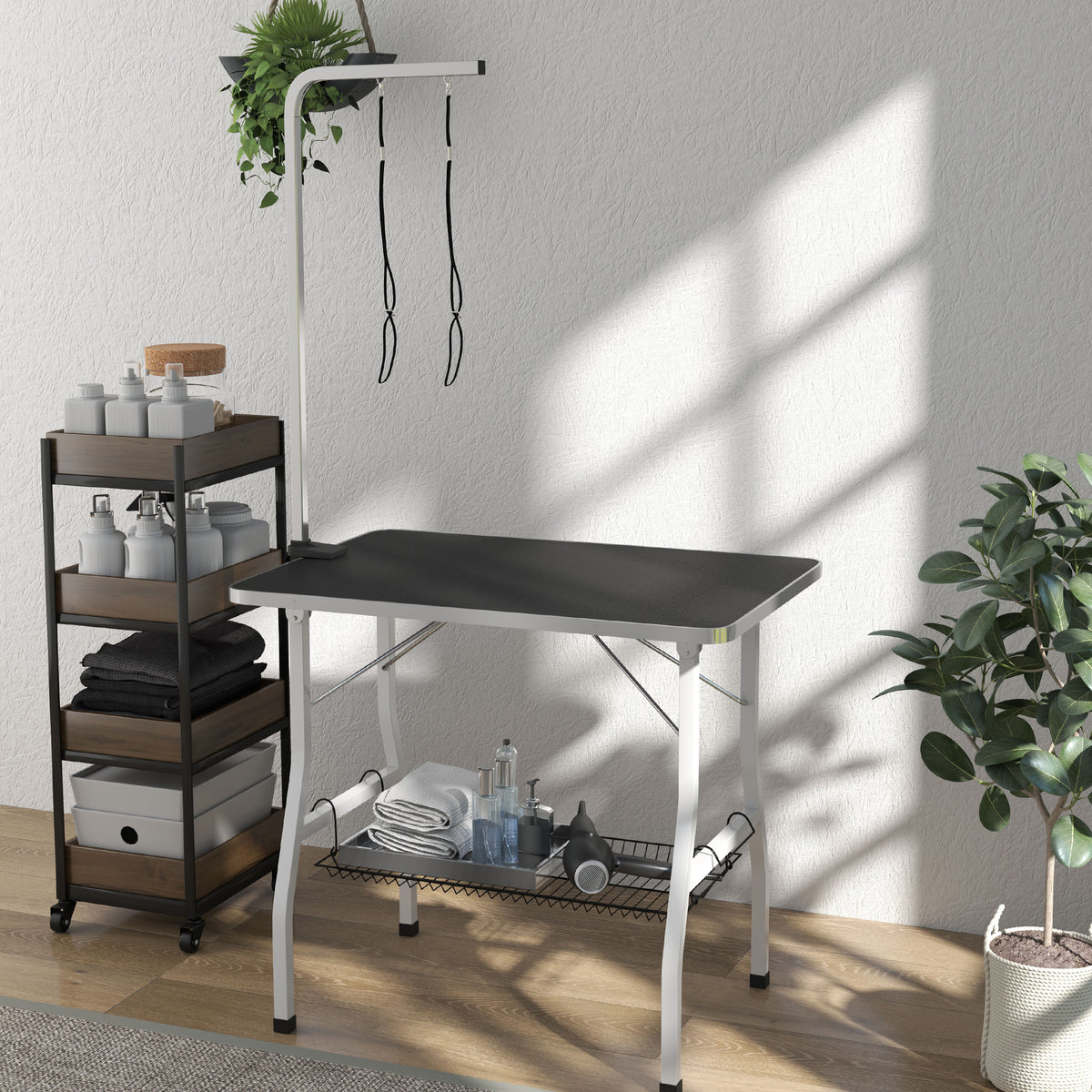 Kirpimo stalas šunims su reguliuojamu laikikliu ir lentyna, 90x60x76 cm, iki 40 kg, juodas