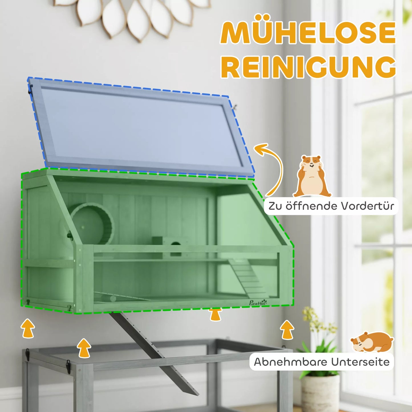 Koka māja kāmīšiem, 3 stāvu ar lielu dibenu, noņemamiem līmeņiem, maziem dzīvniekiem, 80x50x76cm, gaiši pelēka