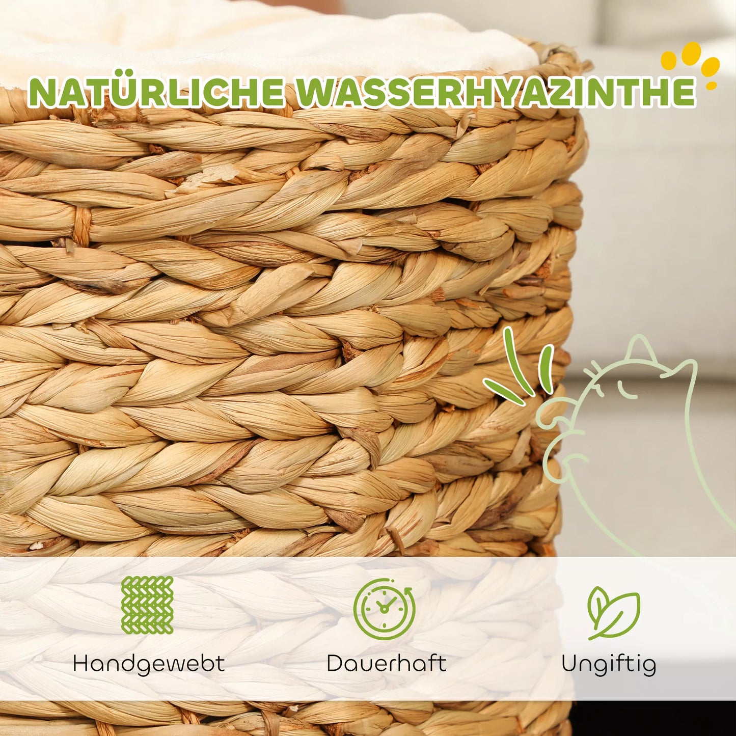 Draskyklė statinės formos, 50 cm, 2 urvai, pagalvėlė, draskyklė su katės guoliu, katės bokštas iš vandens hiacinto, šviesiai ruda