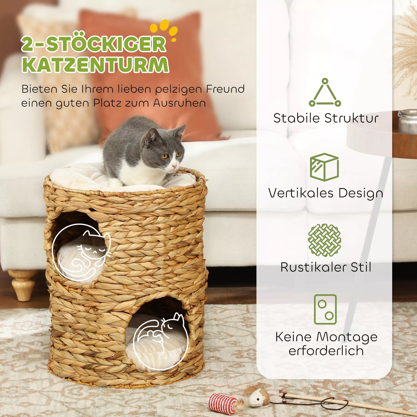 Draskyklė statinės formos, 50 cm, 2 urvai, pagalvėlė, draskyklė su katės guoliu, katės bokštas iš vandens hiacinto, šviesiai ruda