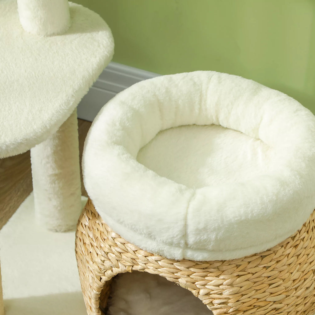 Draskyklė katėms su nameliu, guoliu, žaidimų kamuoliuku ir platforma, 79 cm, kreminė balta