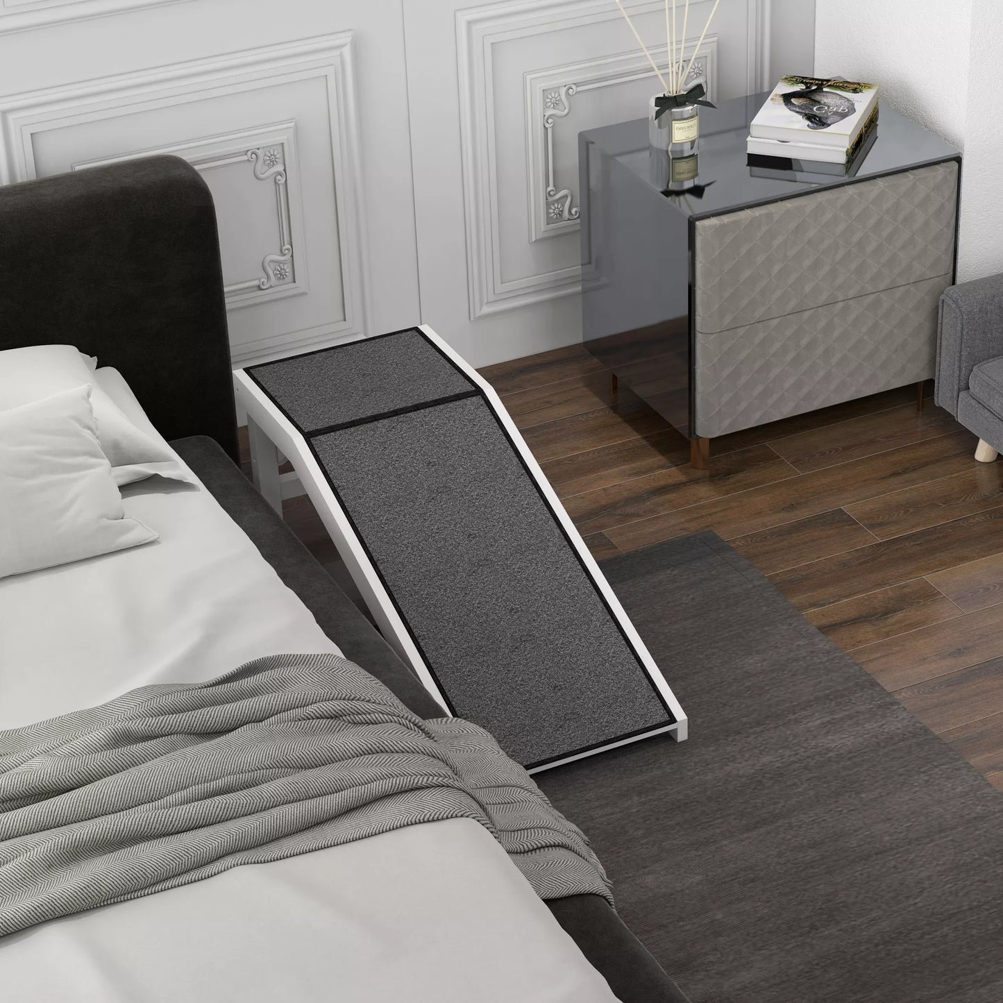 PawHut dzīvnieku rampa ar neslīdošu paklāju, 125 x 40 x 35,5 cm, priedes koksne