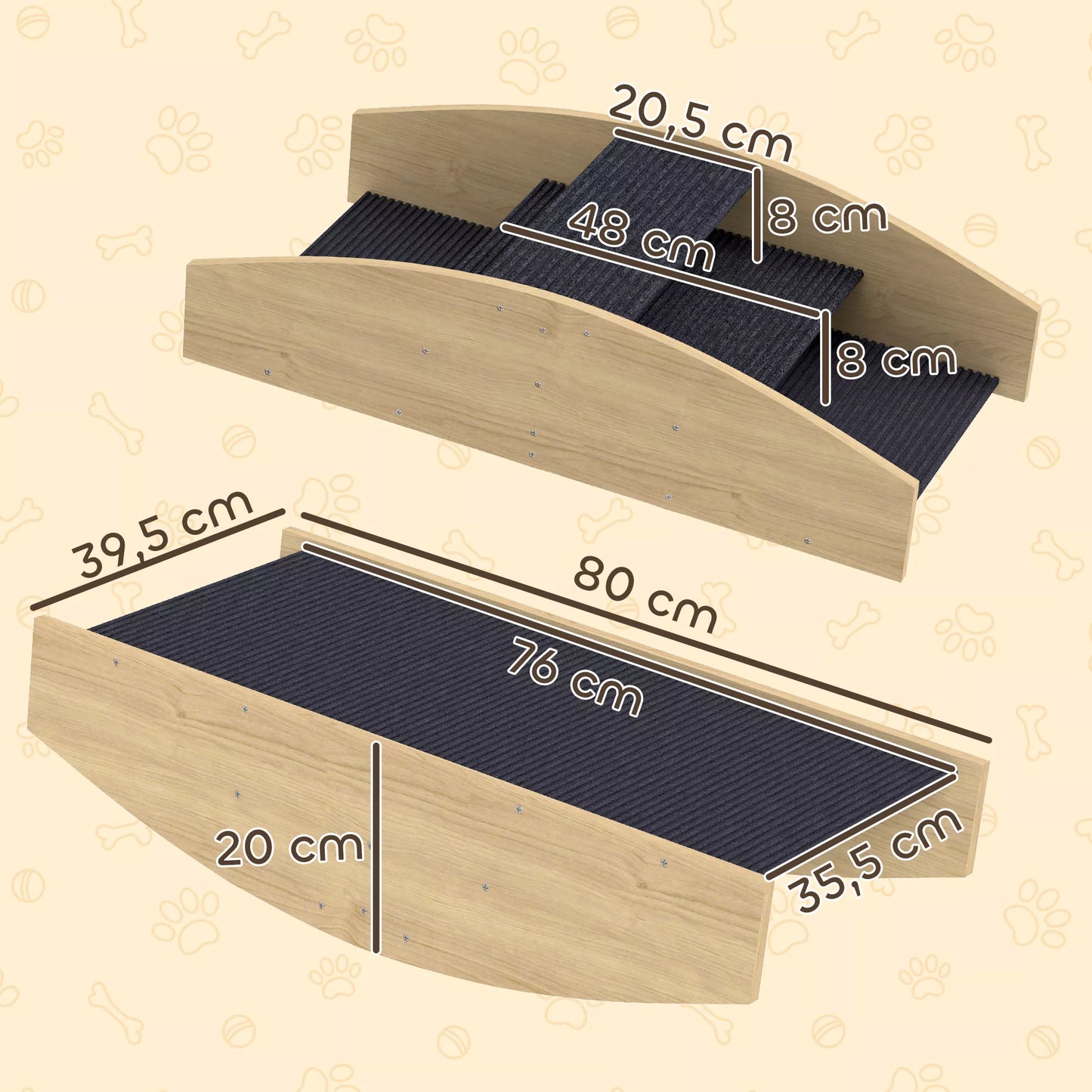 Suņu veiklības svira, 2-in-1 svira un pakāpieni, neslīdoša, egles koks, 80 x 39,5 cm