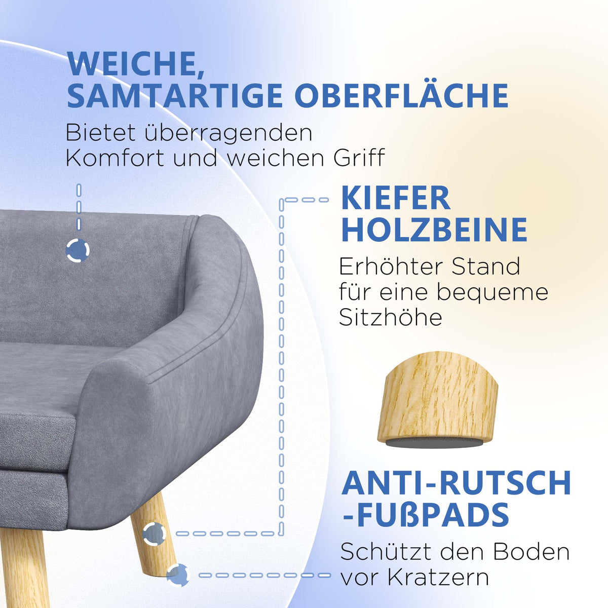 Sofa šunims su nuimama pagalve, aksominė, šunims iki 25 kg, 102x58,5x42,5 cm, pilka
