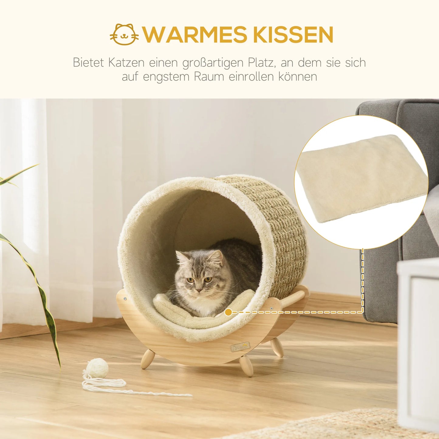 PawHut Katino urvelis su draskomuoju paviršiumi, komplekte pagalvėlė, draskyklė, 41 cm x 38 cm x 43 cm, natūralus + smėlio spalvos