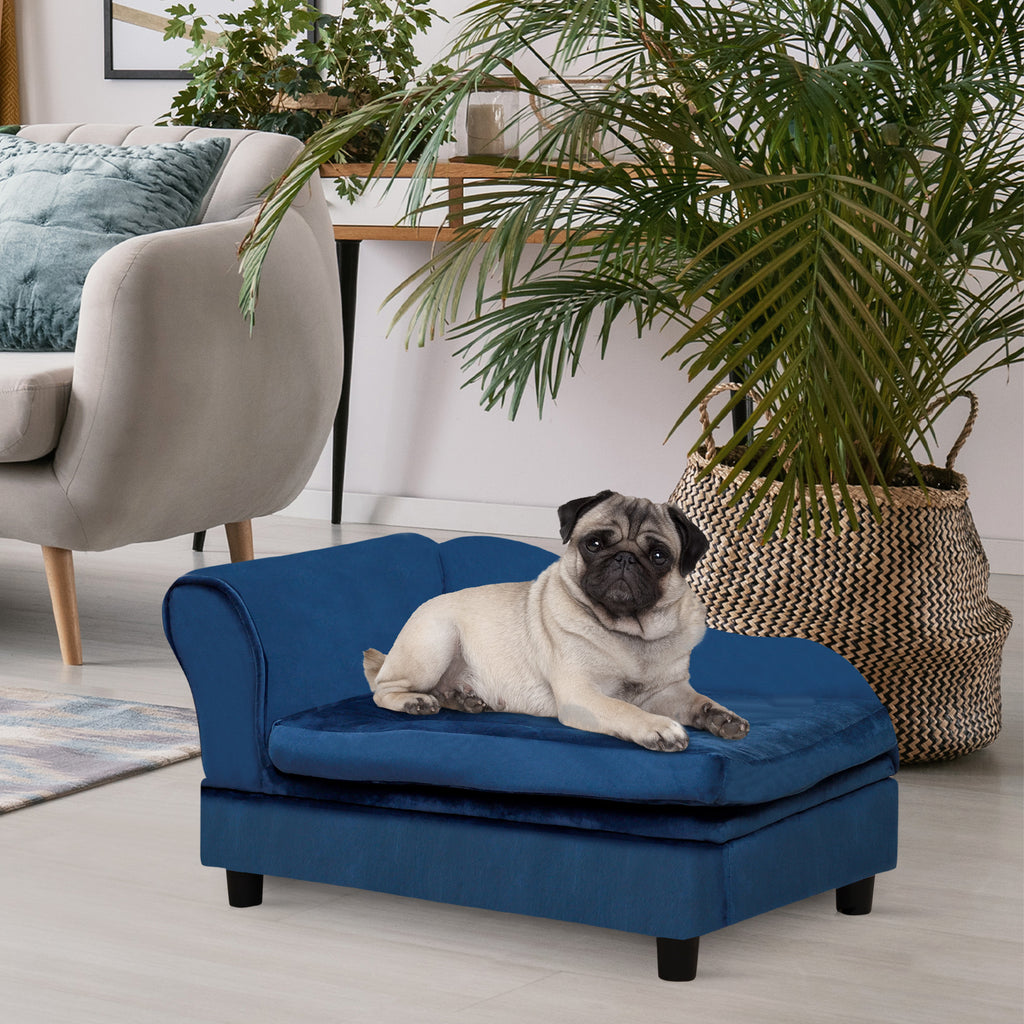 Sofa šunims ir katėms su daiktadėže ir pagalvėle, pliušinė, iki 15 kg, 76x45x43 cm, mėlyna