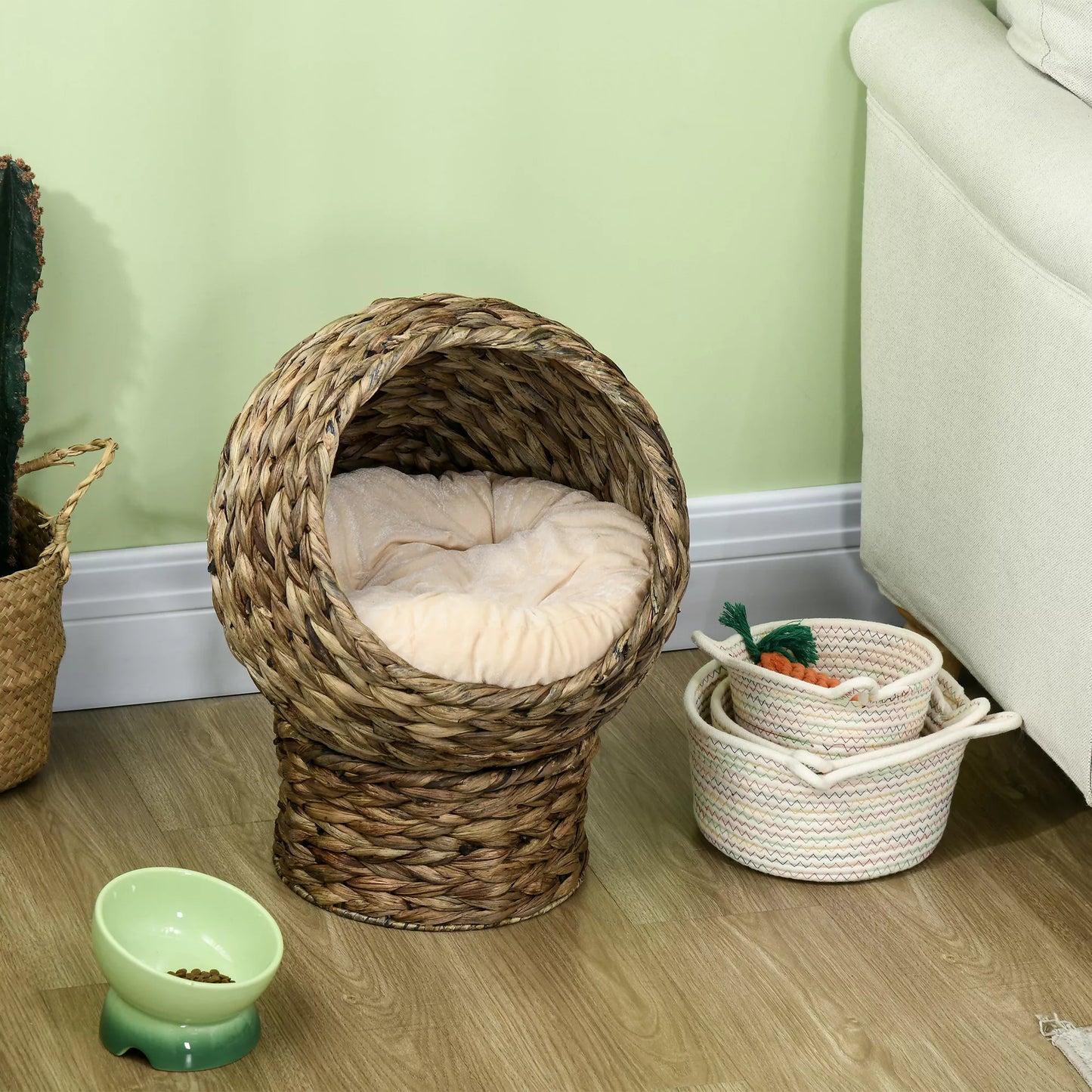 Rattan cat basket, cave, house, bed with cushion, pet bed, water hyacinth, coffee, 40 x 37 x 51 cm