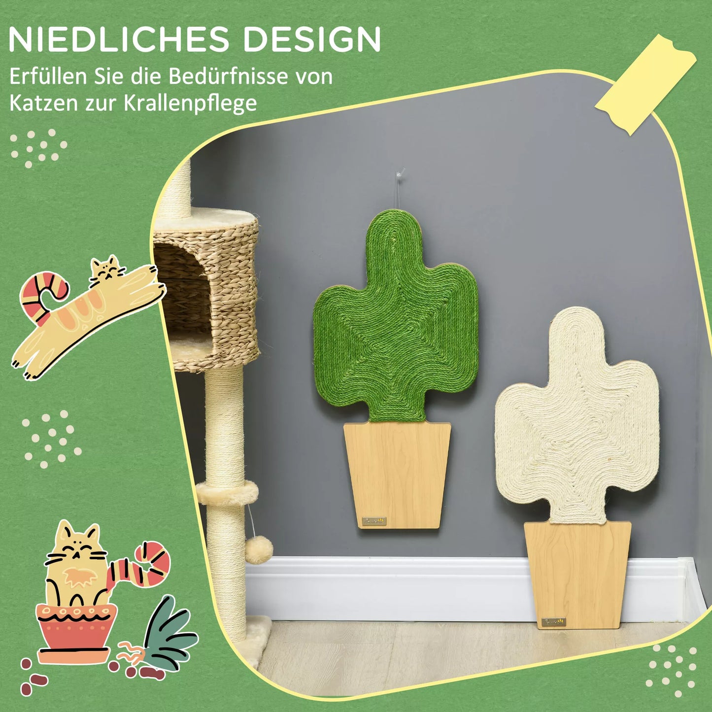 2 vnt. rinkinys katės draskyklių, kaktuso dizaino, tvirtinamos prie sienos, 30 cm x 60 cm, ąžuolo+balta+žalia