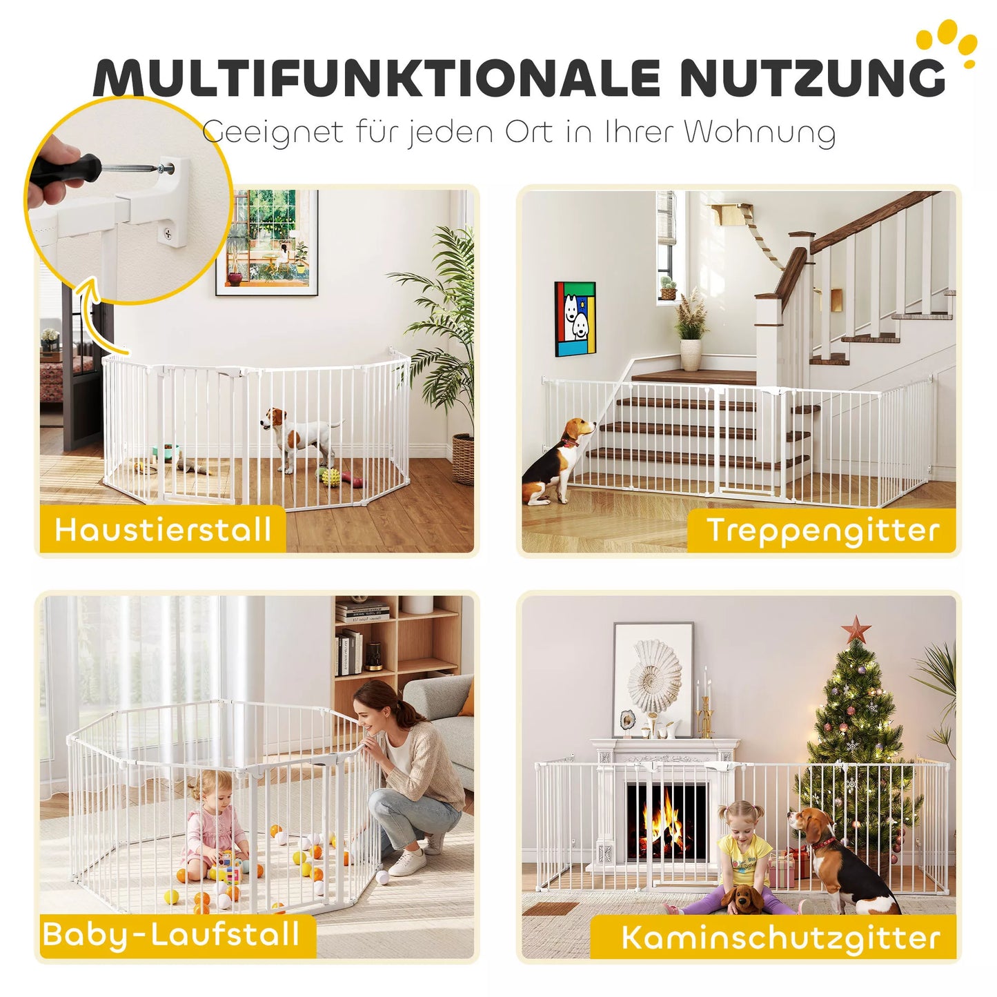 Pet Fence, 6 Panel Barrier with Door, Foldable, for Small and Medium Dogs, Plastic, Carbon Steel, White