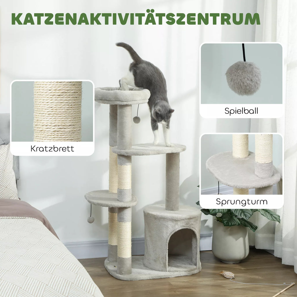 Katės namelis 114 cm, katės bokštas su guoliu, sisaliniai stulpeliai, platforma, daugiaaukštis vidutinio dydžio katėms iki 6 kg, šviesiai pilkas