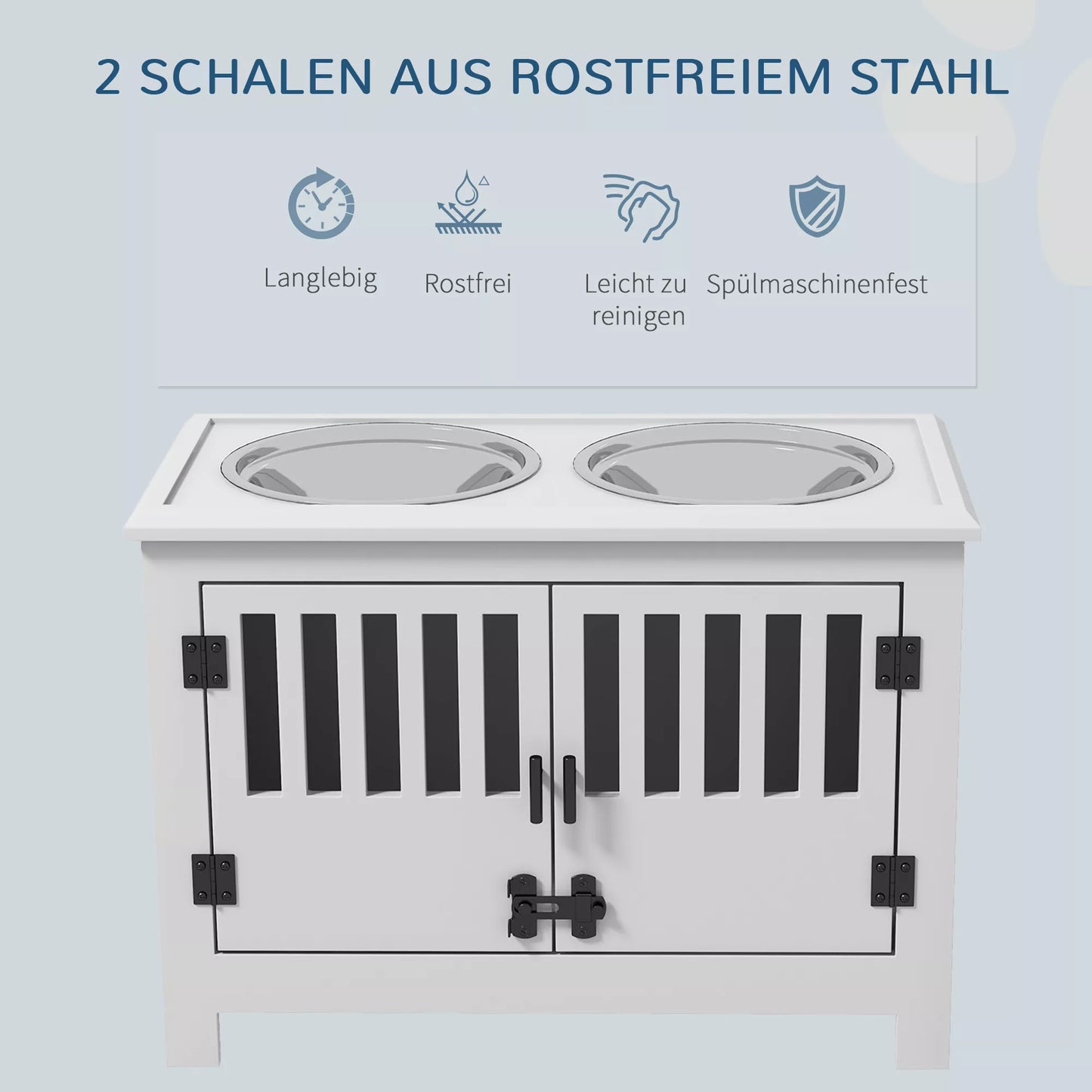 Paaukštinta šėrykla dideliems šunims, 2 nerūdijančio plieno dubenėliai, laikymo vieta, 35,5x60x30 cm, balta