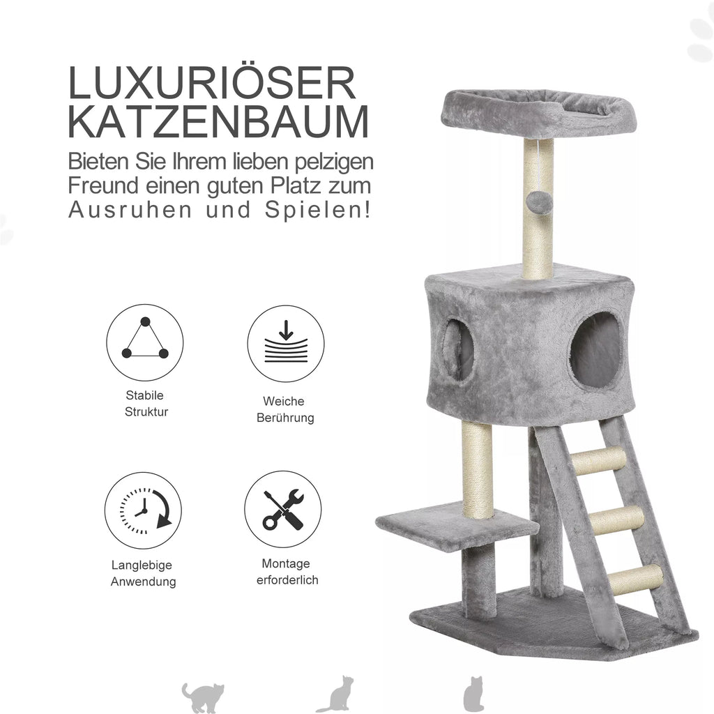 Kačių medis 120 cm, Kačių bokštas su urveliu, žaisliniu kamuoliuku, sizaliniais stiebais, platforma, laipteliais, daugiaaukštis kačių draskytuvas, laipiojimo medis katėms, šviesiai pilkas