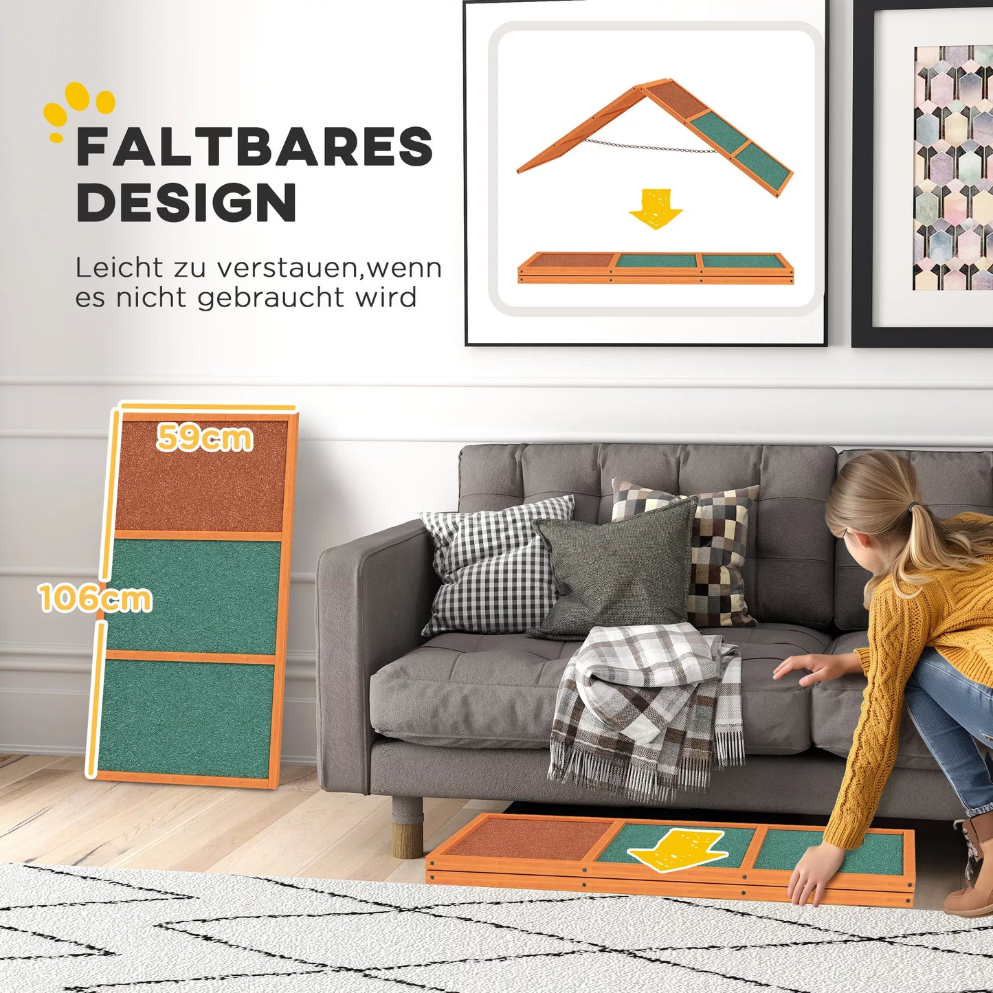 Suņu rampa Agility, salokāma, ar regulējamu augstumu, neslīdoša, no egles koka, līdz 40 kg, 173 x 59 x 66 cm, oranža/zaļa