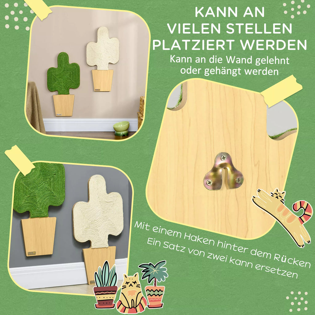 2 kaķu skrāpējamo stabu komplekts, kaktusa dizains, stiprināms pie sienas, 30 cm x 60 cm, ozolkoks + balta + zaļa krāsa