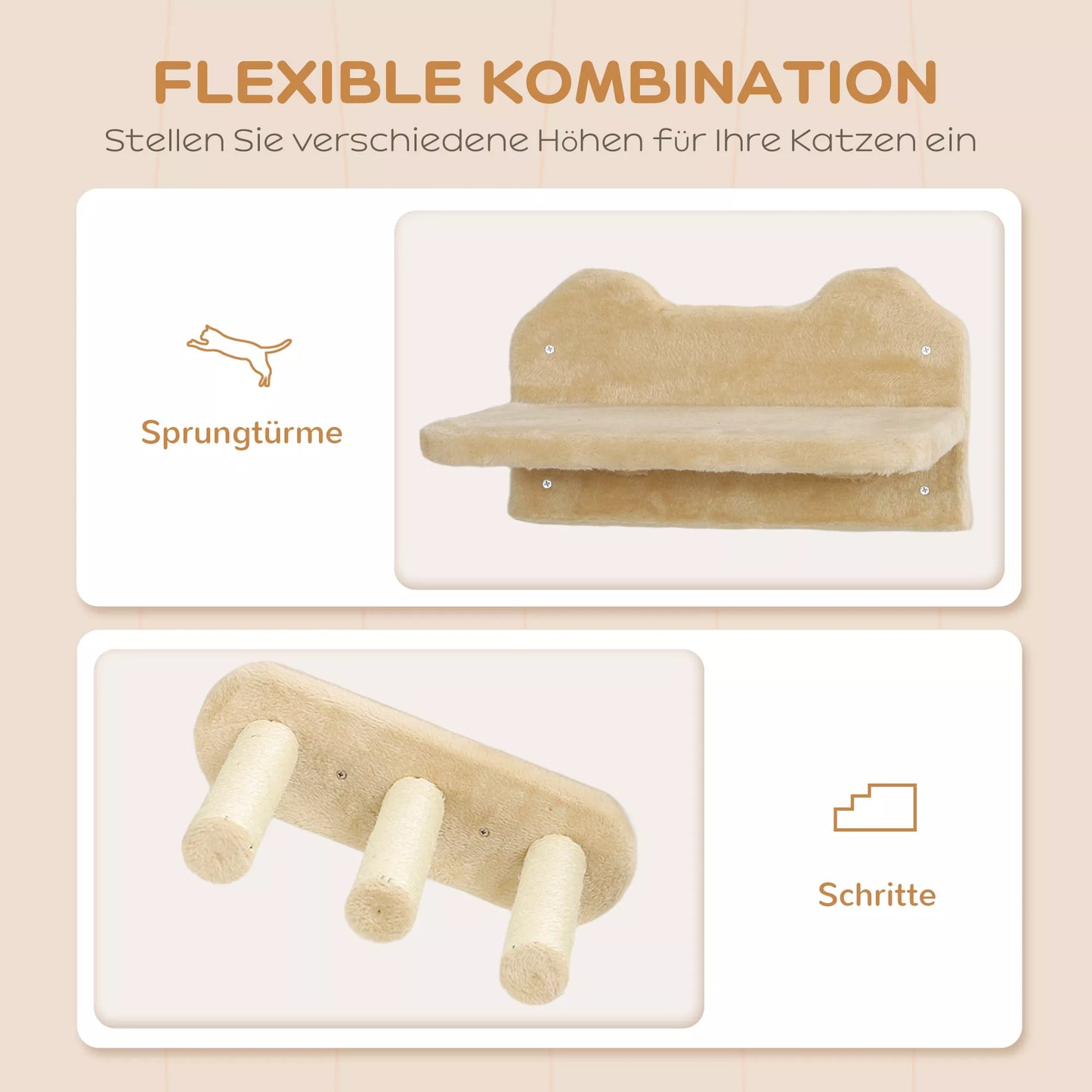 Kaķu kāpņu komplekts, stiprināms pie sienas un griestiem, kaķiem līdz 5 kg, bēšs