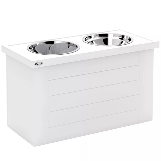 PawHut 2-in-1 paaukštintas šunų dubenėlis, reguliuojamo aukščio maisto dubenėlis su stovu, 2 x 2L nerūdijančio plieno dubenėliai, baltas