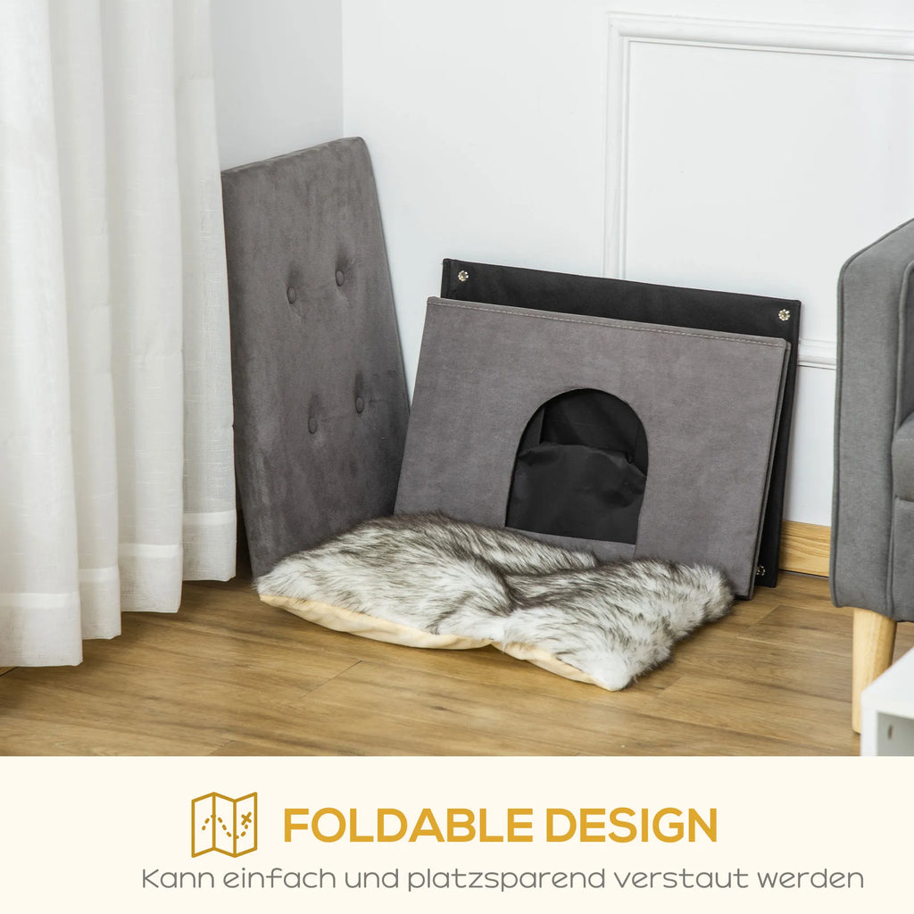 2-IN-1 kačių urvas pufas su pagalvėle medinės kojos kačių namelis kačių krepšys minkštas paminkštintas ottomanas elegantiškas dizainas nuimamas MDF pliušas pilkas 60 x 45 x 44,5 cm