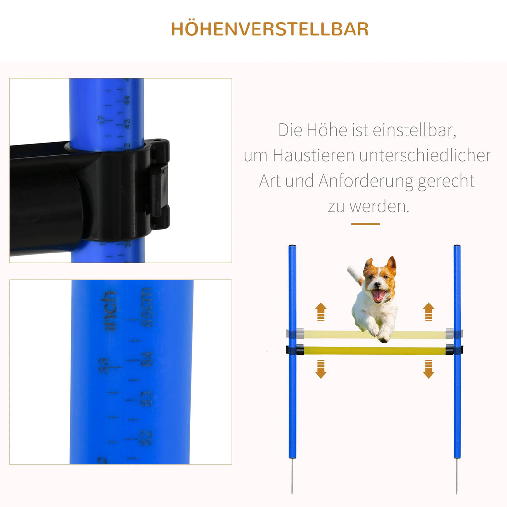 Agility rinkinys šunims, 5 dalių agility įranga šunų dresūrai, šuolių barjerų rinkinys su šunų tuneliu, 4 aukščio reguliuojami slalomstulpeliai, barjerai, pauzės dėžutė, nešiojimo krepšys – Agility rinkinys žaidimams ir dresūrai