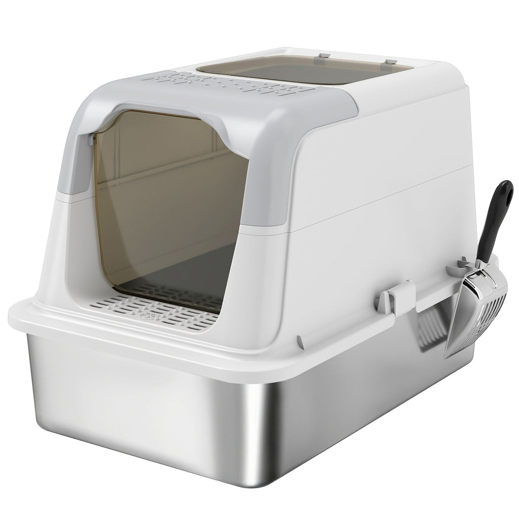 Kačių tualetas su dangčiu, kraiko kastuvėliu, priekinis įėjimas ir viršutinis išėjimas, nerūdijančio plieno, iki 7 kg