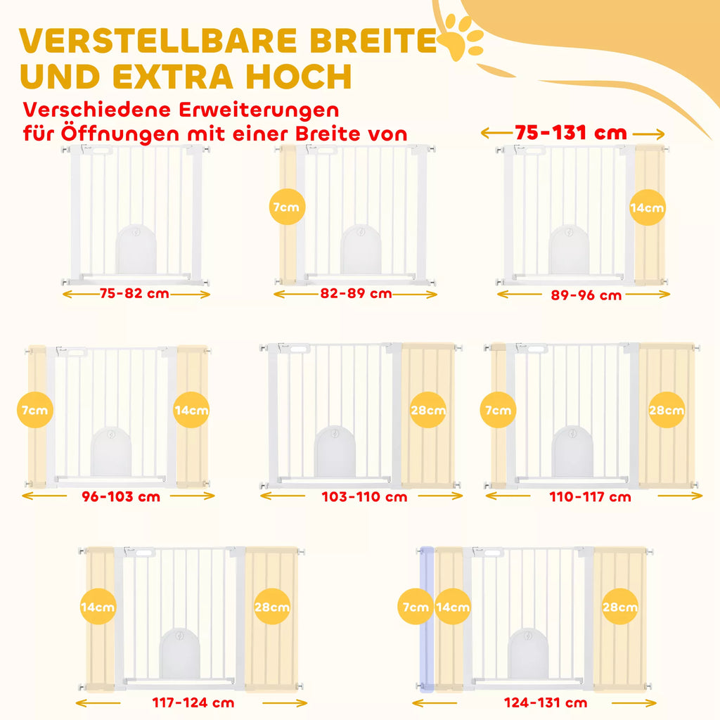 Drošības vārtiņi suņiem un mājdzīvniekiem, durvīm un kāpnēm, metāla ar ABS stiprinājuma skavām, balti, 75-131 x 76 cm