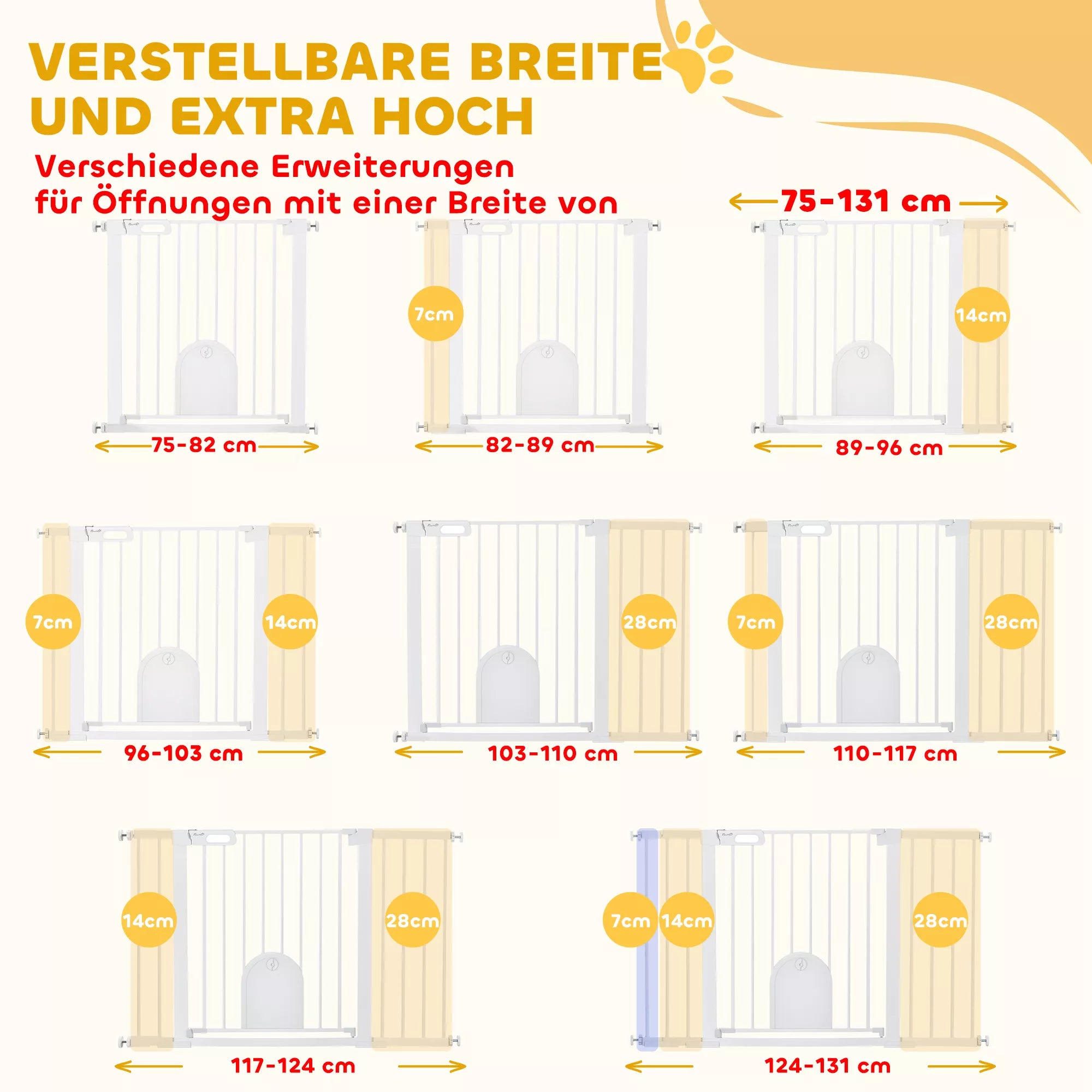 Drošības vārtiņi suņiem un mājdzīvniekiem, durvīm un kāpnēm, metāla ar ABS stiprinājuma skavām, balti, 75-131 x 76 cm