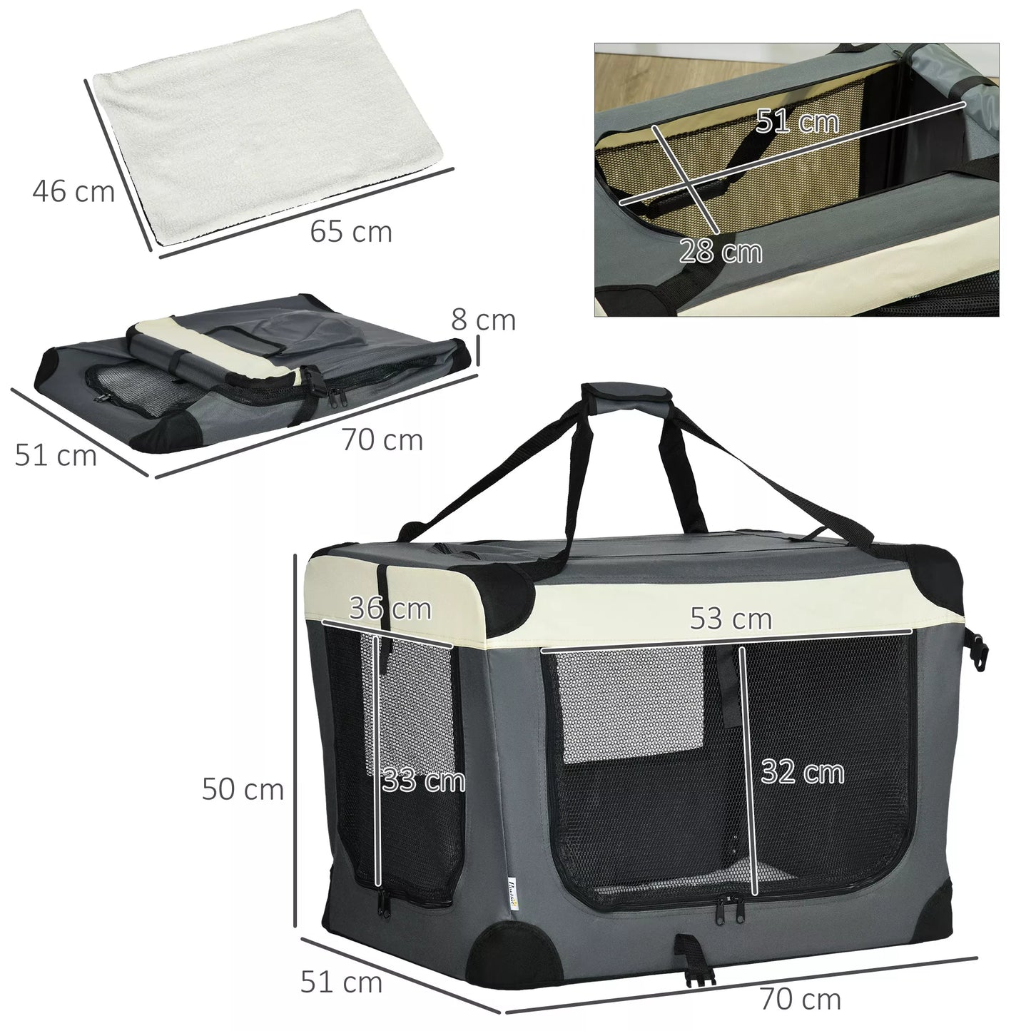 Transport bag, transport box for cats and small dogs, foldable, 3 doors, gray, 70 x 51 x 50cm