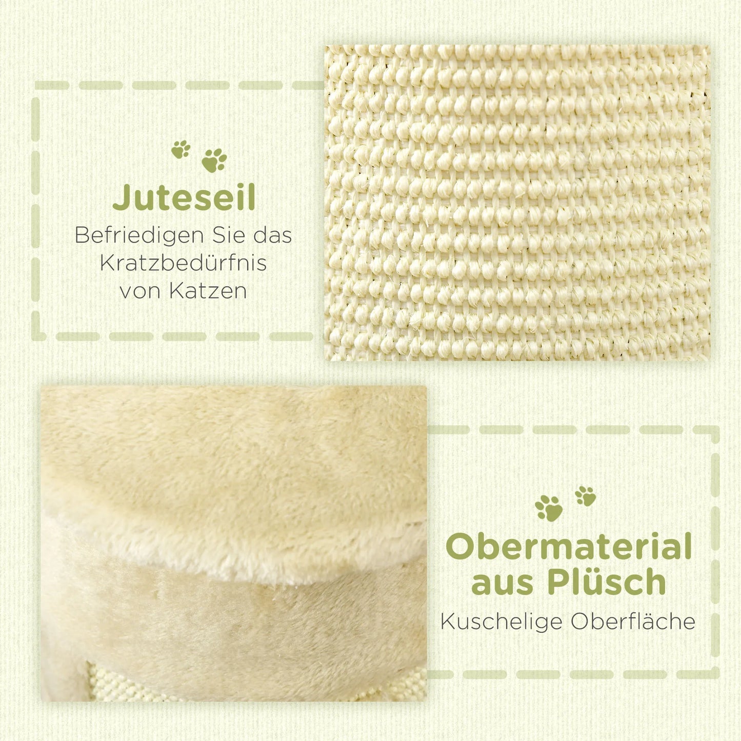 Katės draskyklė su žaislais, įsk. 2 kamuoliukus. Minkštas pliušas, 34 cm x 25,5 cm x 58 cm, kreminės baltos spalvos