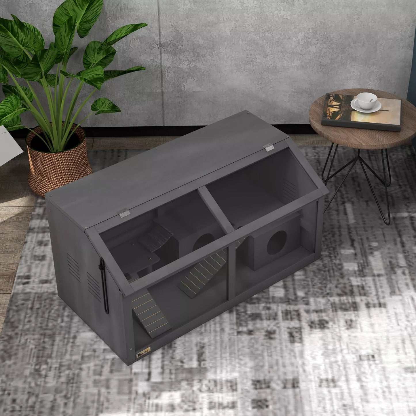 Kāmju būris, koka mazo dzīvnieku būris, piekaramais tilts, pakāpieni, mājiņa, 84 x 45 x 44 cm, maziem kāmīšiem, pelēks