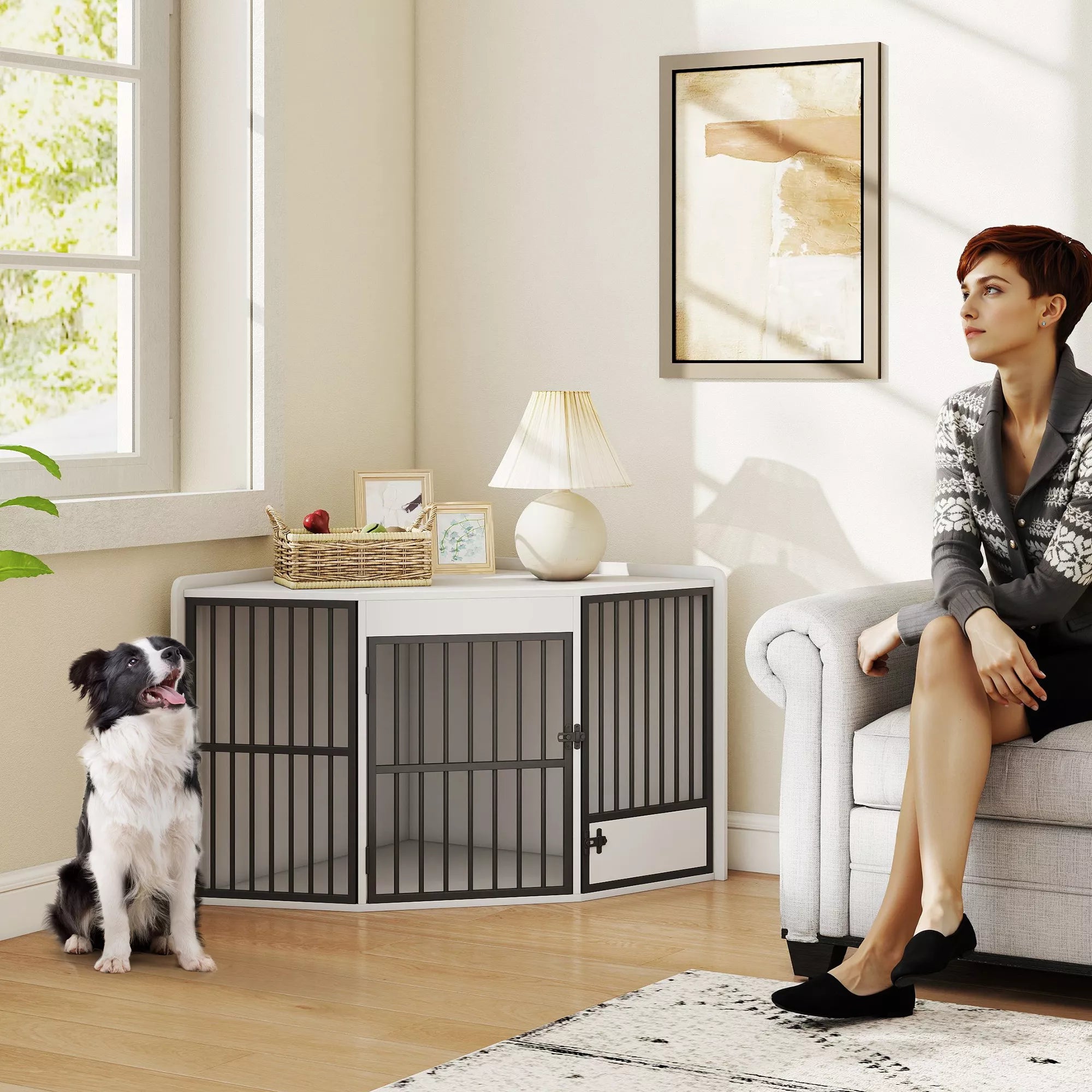 Suņu būris, uzglabāšanas vieta maziem un vidēja lieluma suņiem, mājdzīvnieku uzglabāšanas kaste, barošanas durvis, MDF, metāls, balta