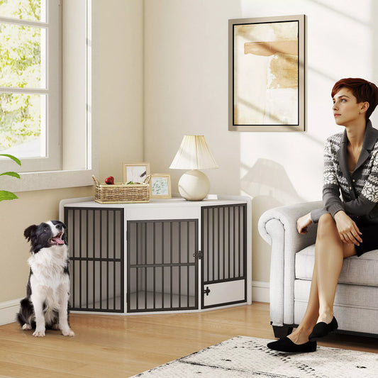 Suņu būris, uzglabāšanas vieta maziem un vidēja lieluma suņiem, mājdzīvnieku uzglabāšanas kaste, barošanas durvis, MDF, metāls, balta